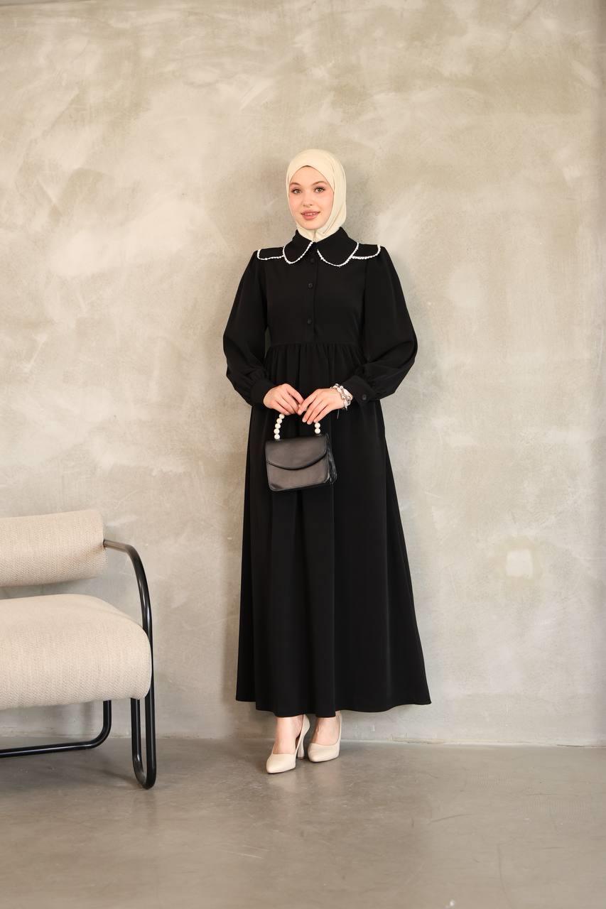 7046 Dantelli Yaka Detaylı Elbise - Siyah