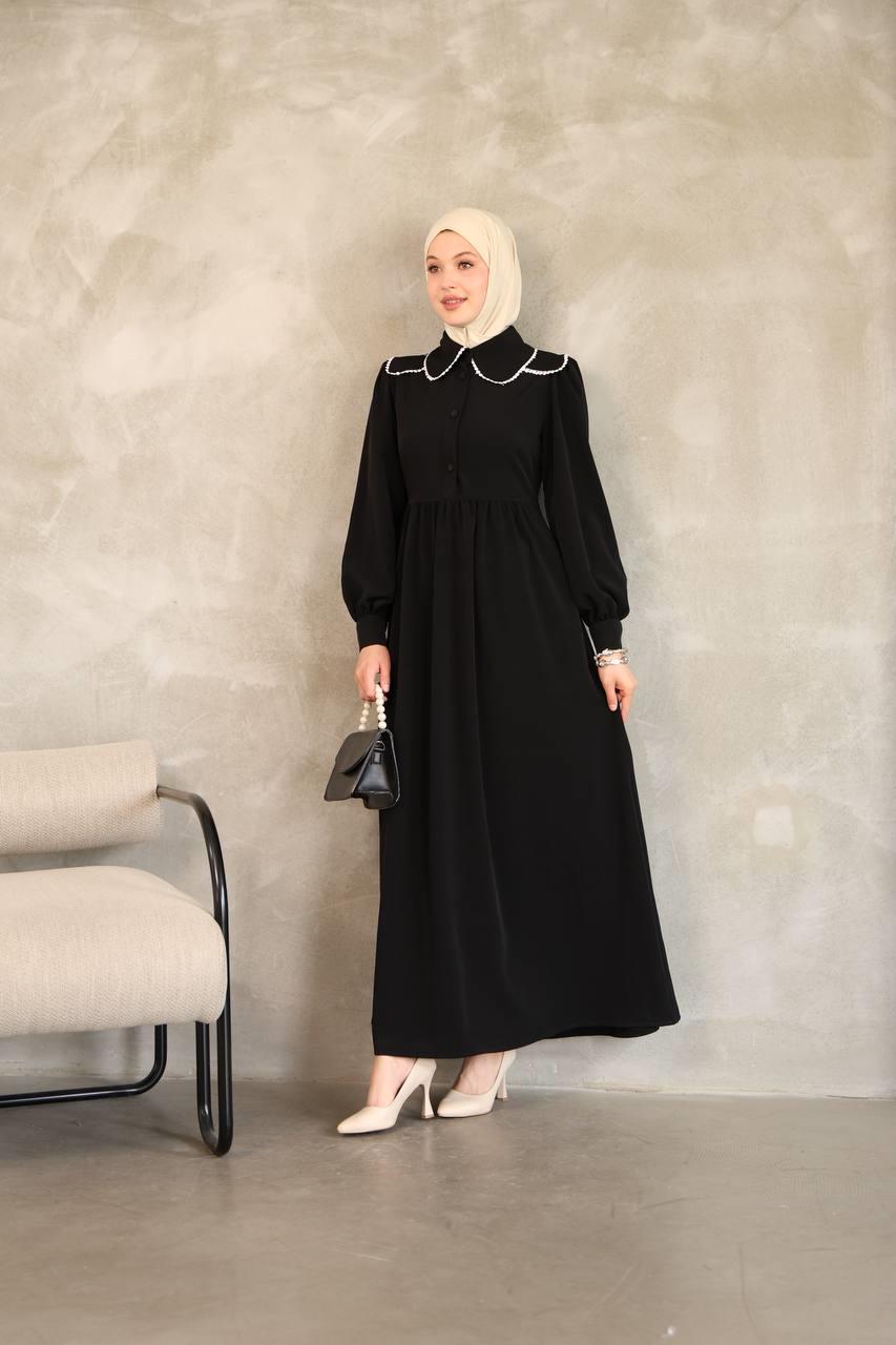 7046 Dantelli Yaka Detaylı Elbise - Siyah