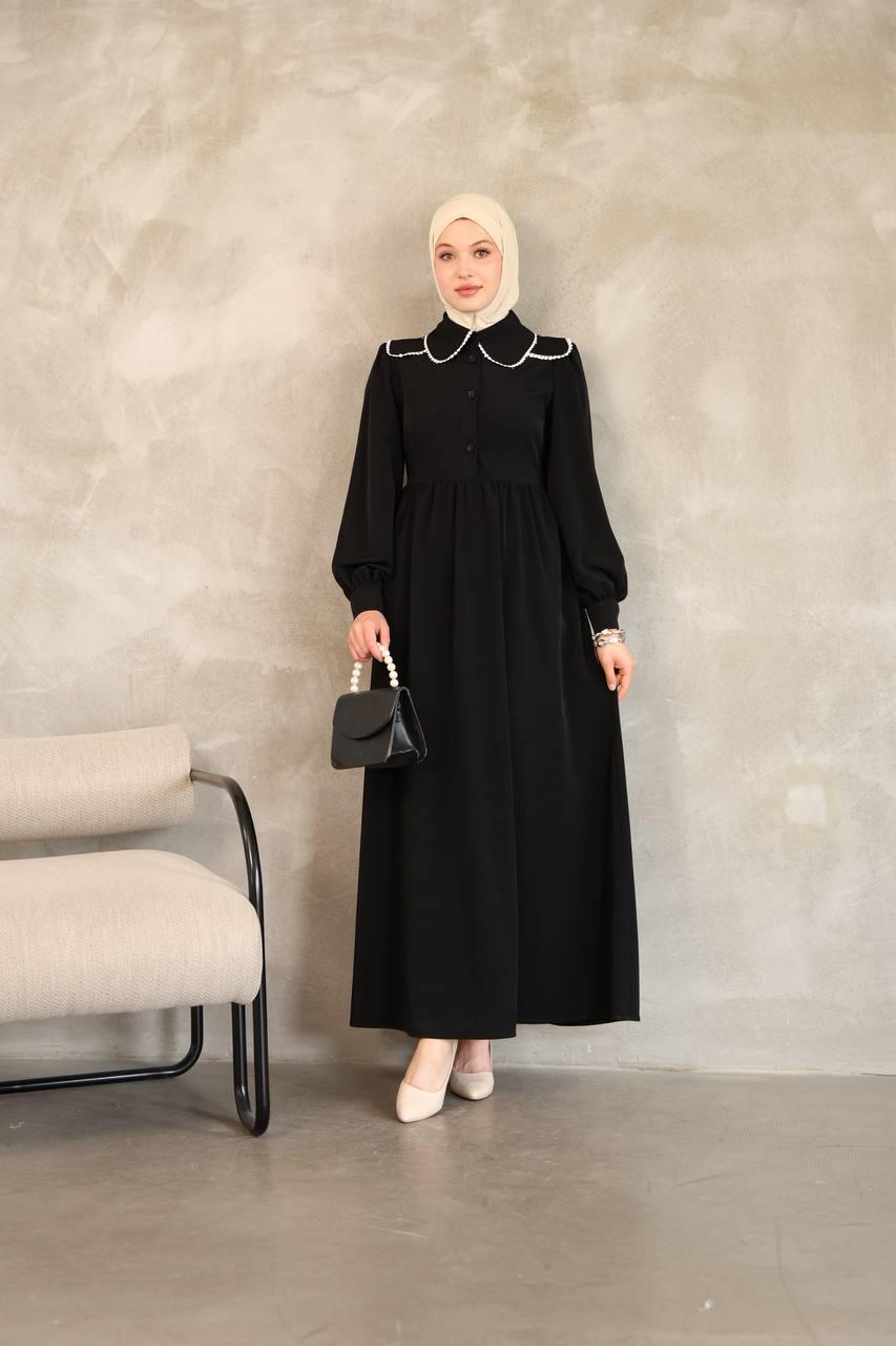 7046 Dantelli Yaka Detaylı Elbise - Siyah