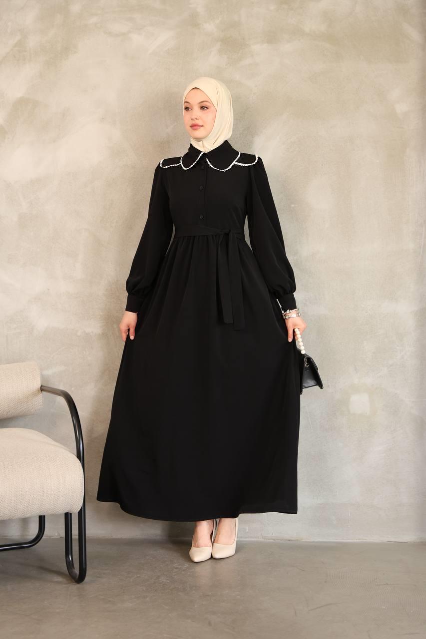 7046 Dantelli Yaka Detaylı Elbise - Siyah