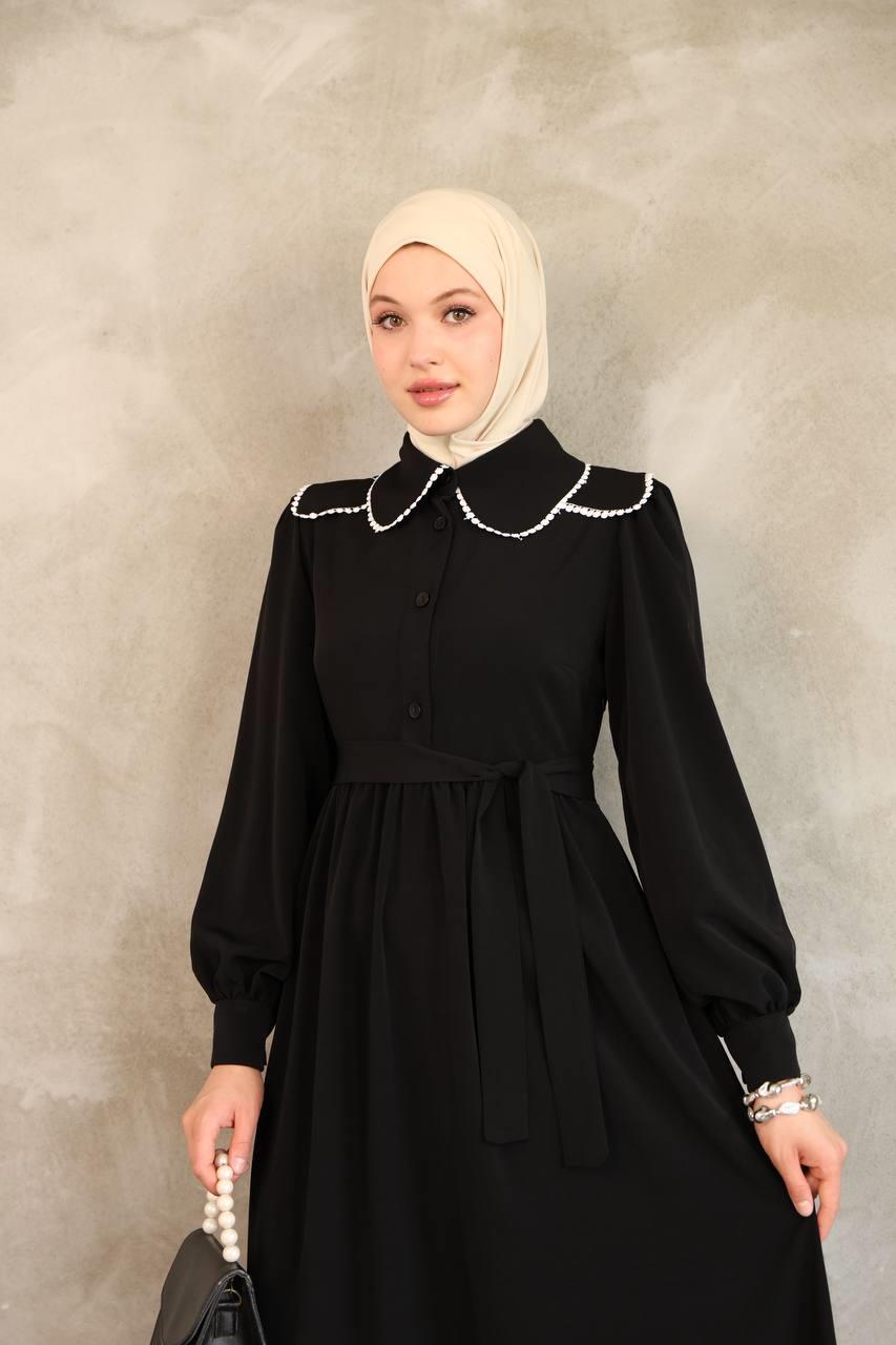7046 Dantelli Yaka Detaylı Elbise - Siyah