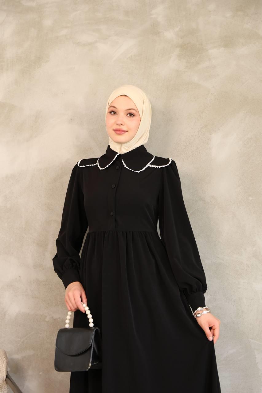 7046 Dantelli Yaka Detaylı Elbise - Siyah