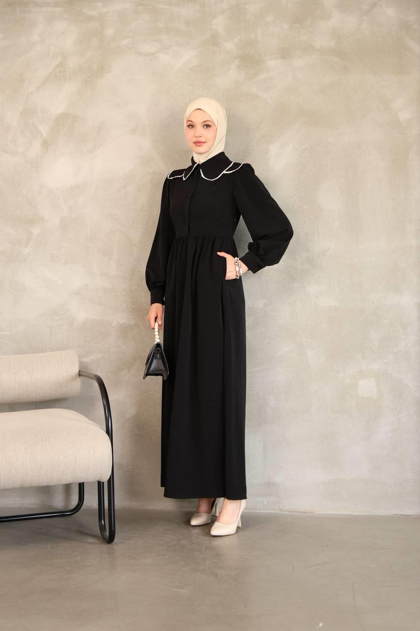 7046 Dantelli Yaka Detaylı Elbise - Siyah