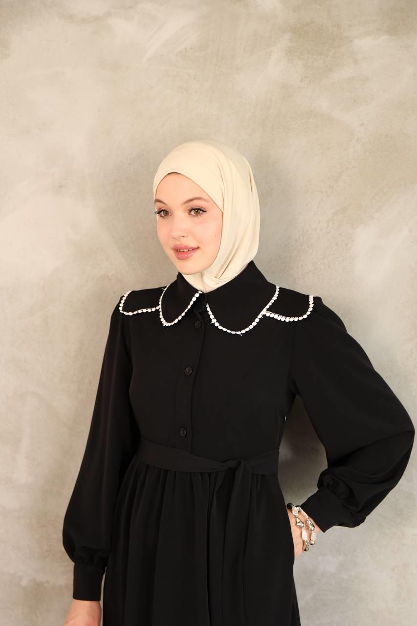 7046 Dantelli Yaka Detaylı Elbise - Siyah