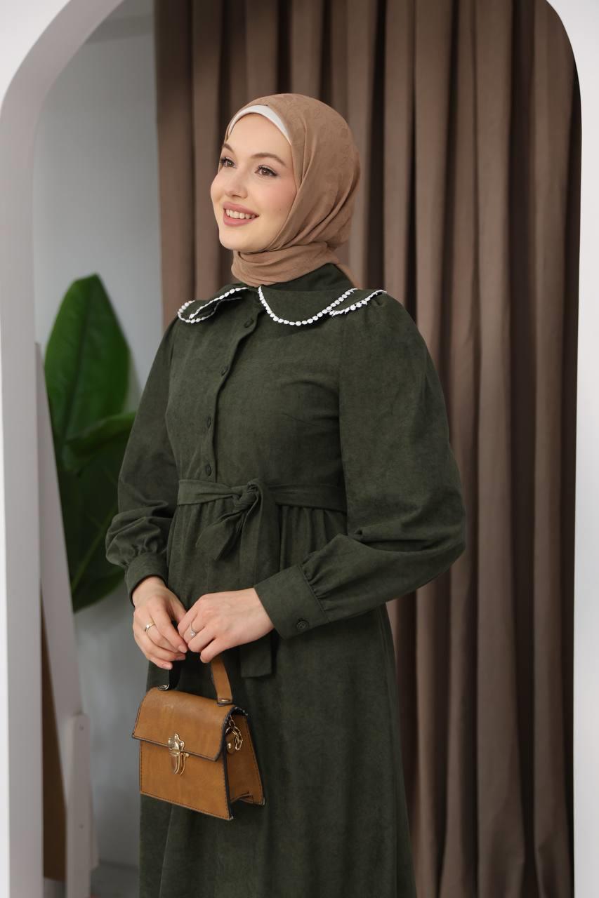 7046 Zarif İnci Elbise - Haki