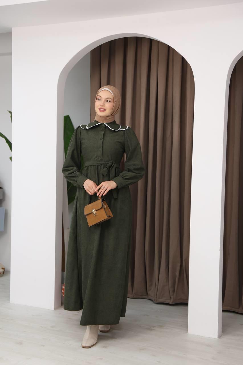 7046 Zarif İnci Elbise - Haki