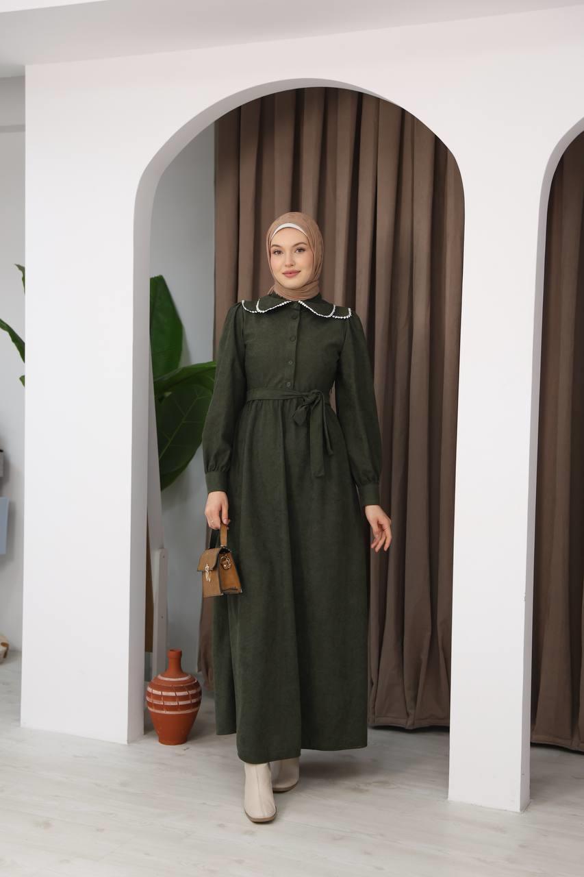 7046 Zarif İnci Elbise - Haki
