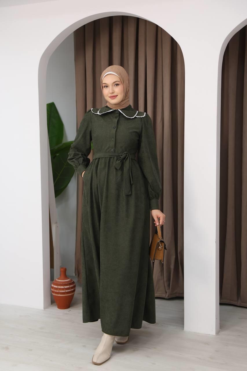 7046 Zarif İnci Elbise - Haki