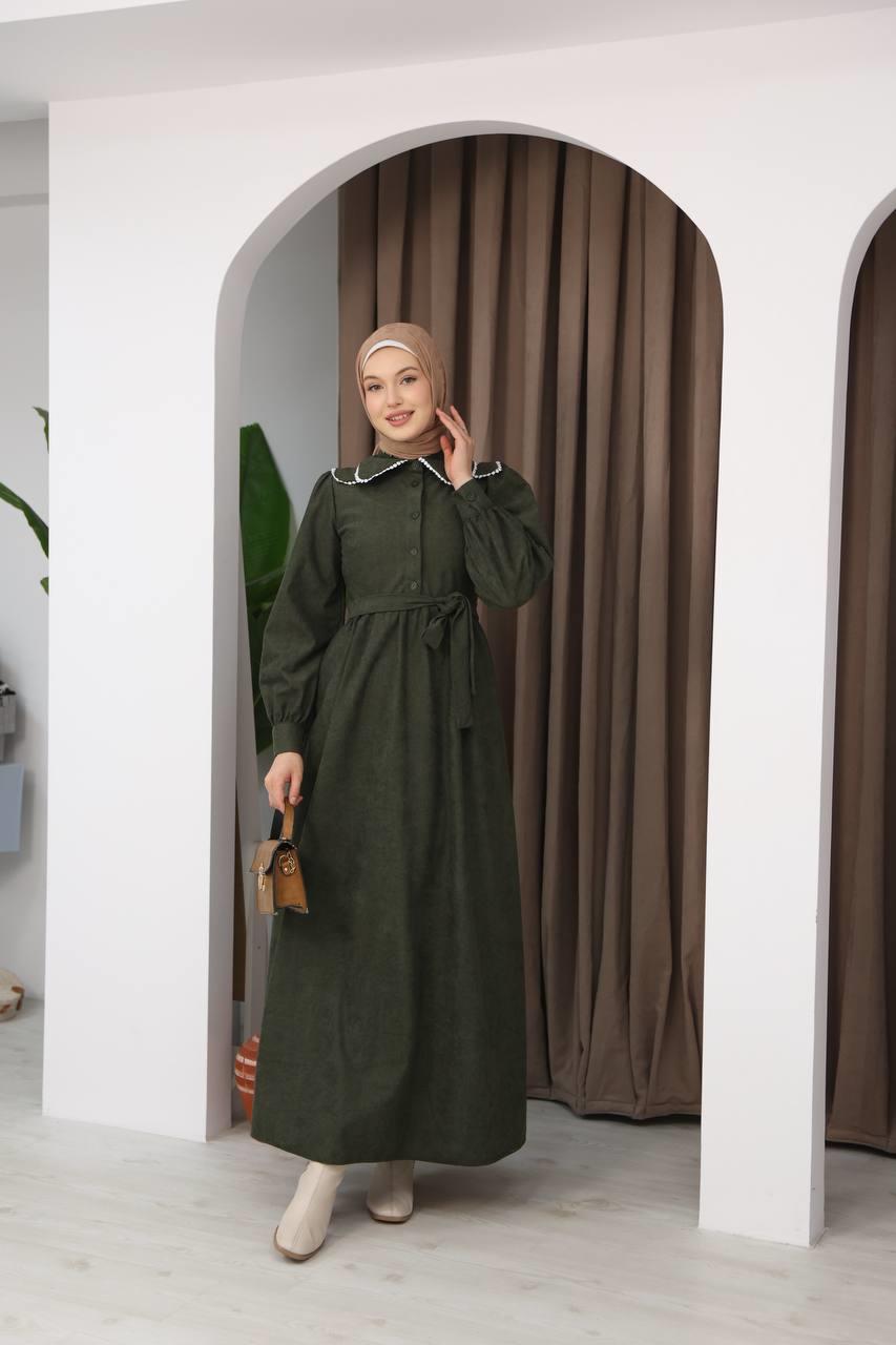 7046 Zarif İnci Elbise - Haki
