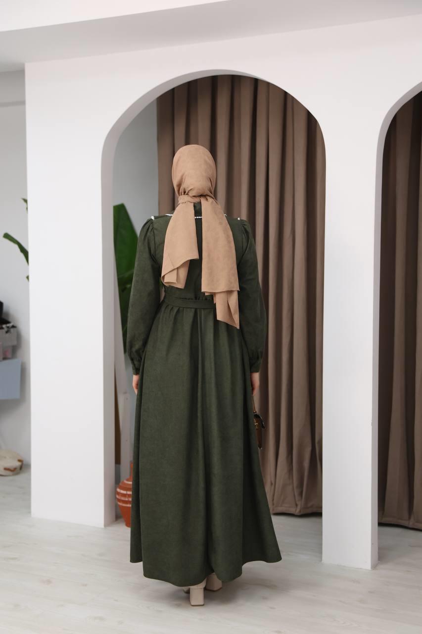 7046 Zarif İnci Elbise - Haki