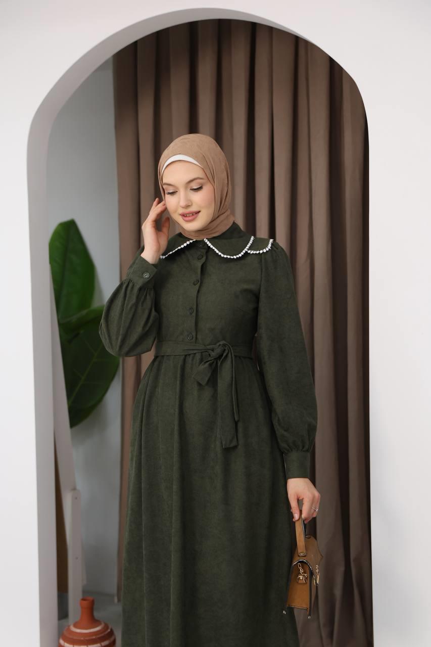 7046 Zarif İnci Elbise - Haki