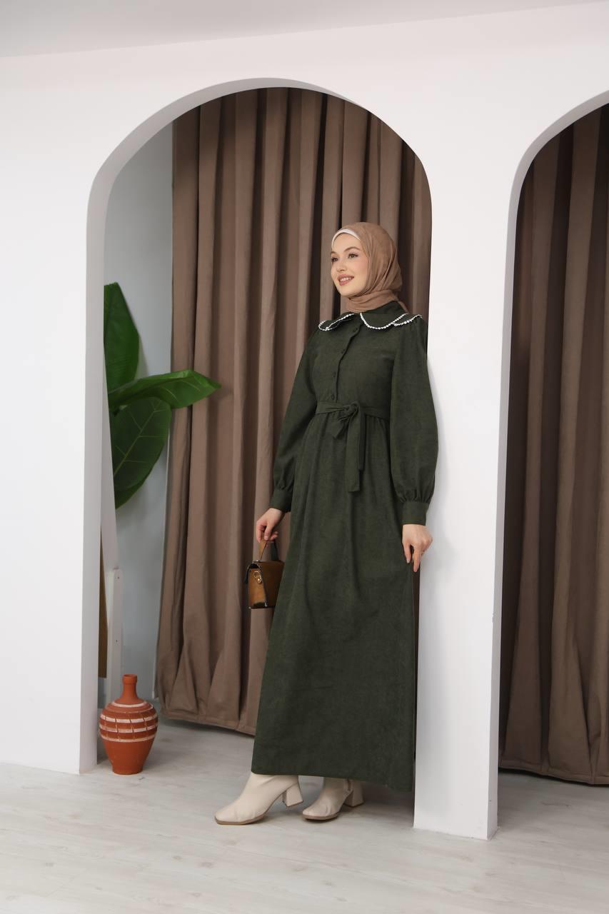 7046 Zarif İnci Elbise - Haki