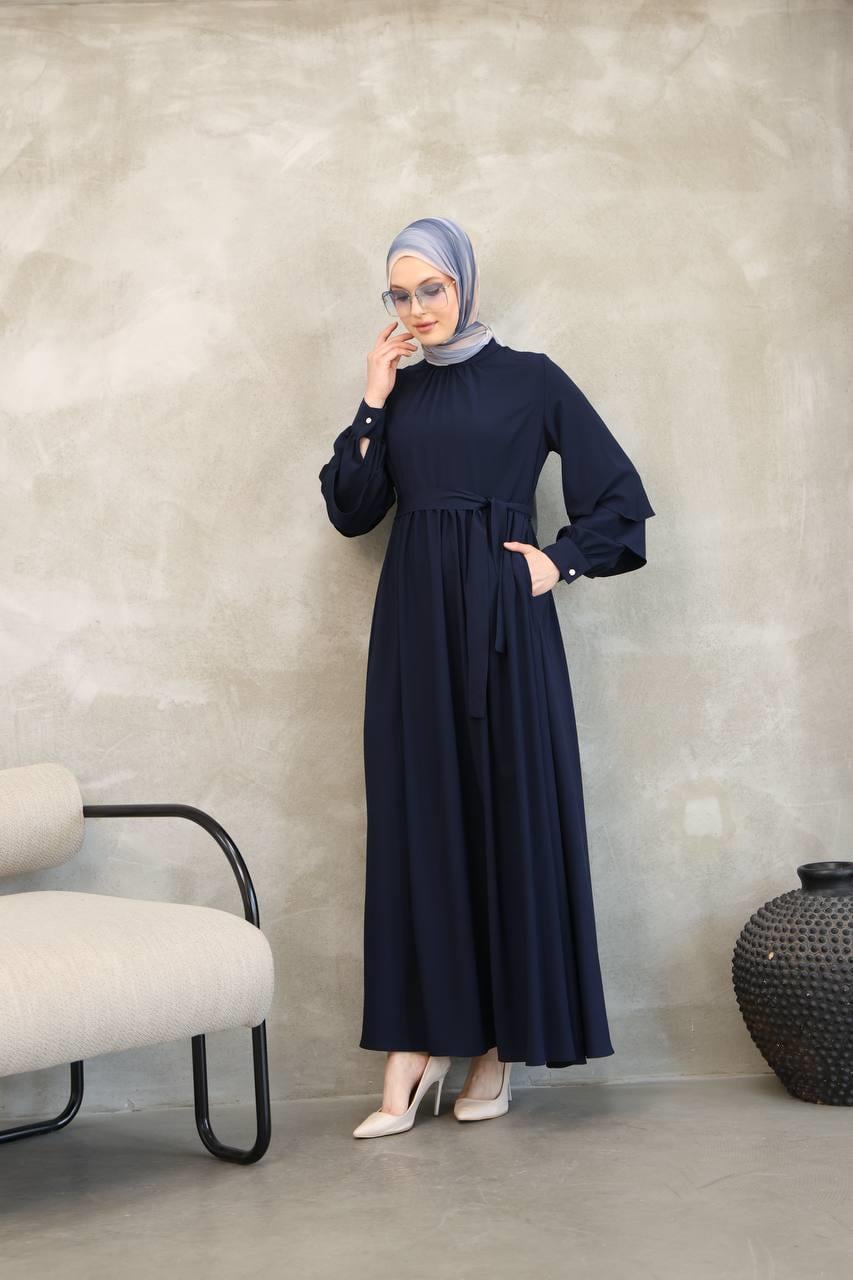 7047 Katlı Kollu Elbise - Lacivert