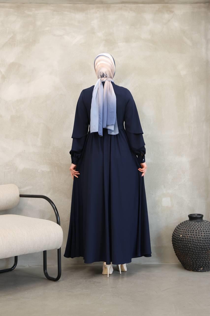7047 Katlı Kollu Elbise - Lacivert