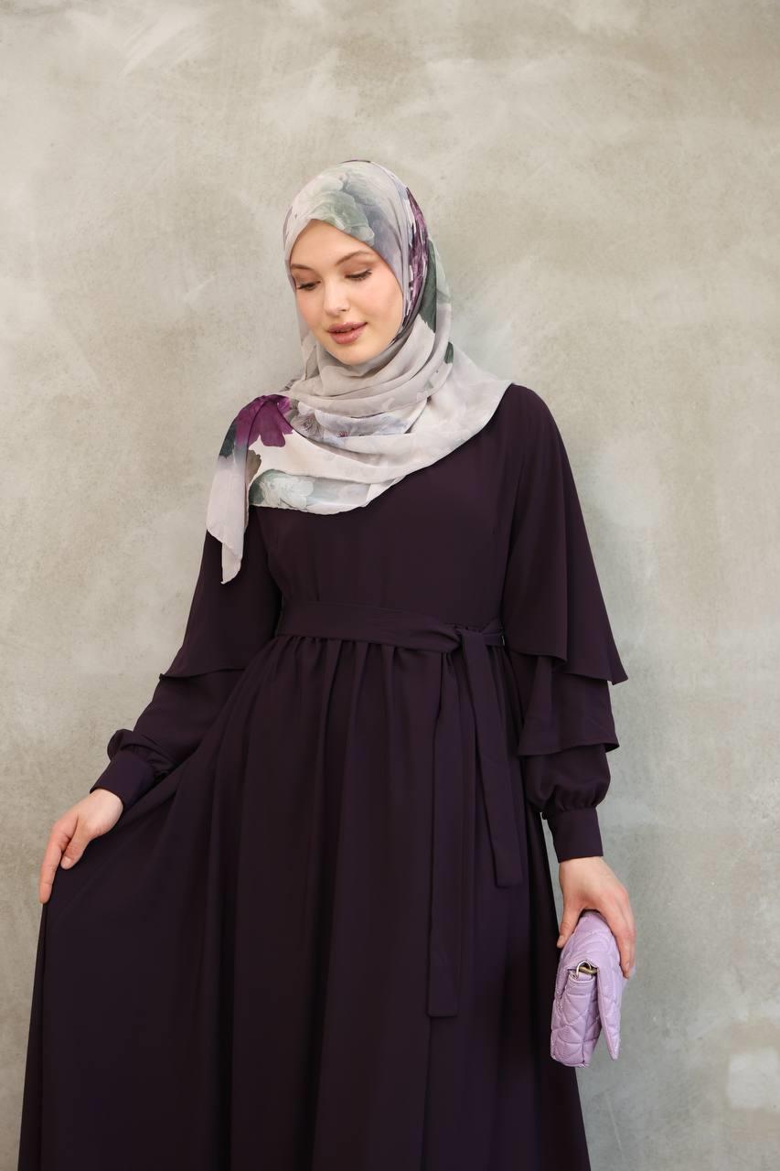 7047 Katlı Kollu Elbise - Mürdüm
