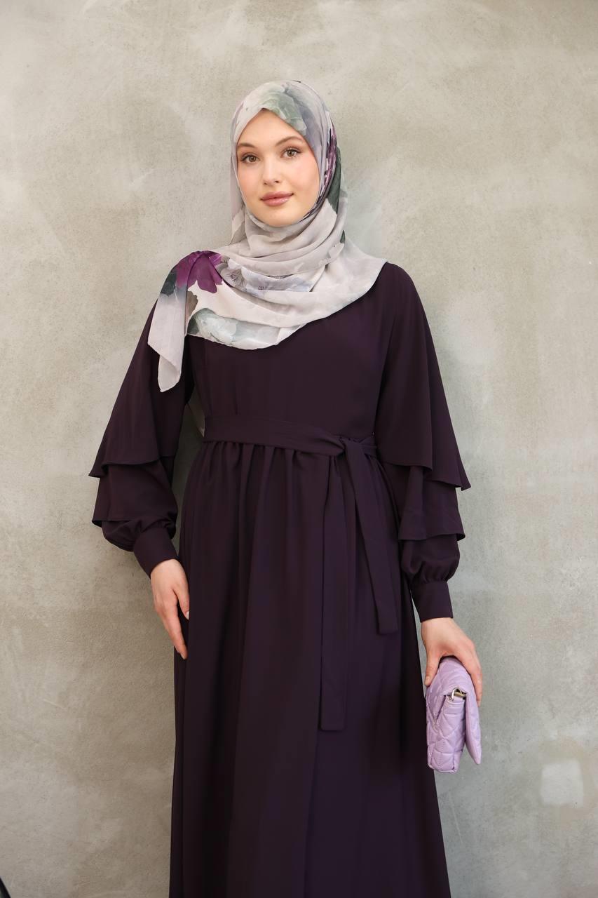 7047 Katlı Kollu Elbise - Mürdüm