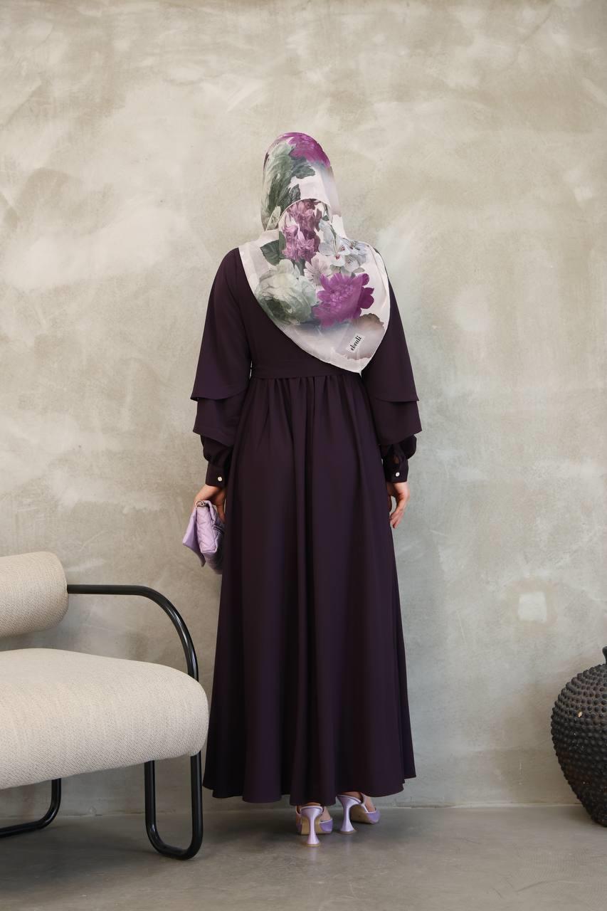7047 Katlı Kollu Elbise - Mürdüm