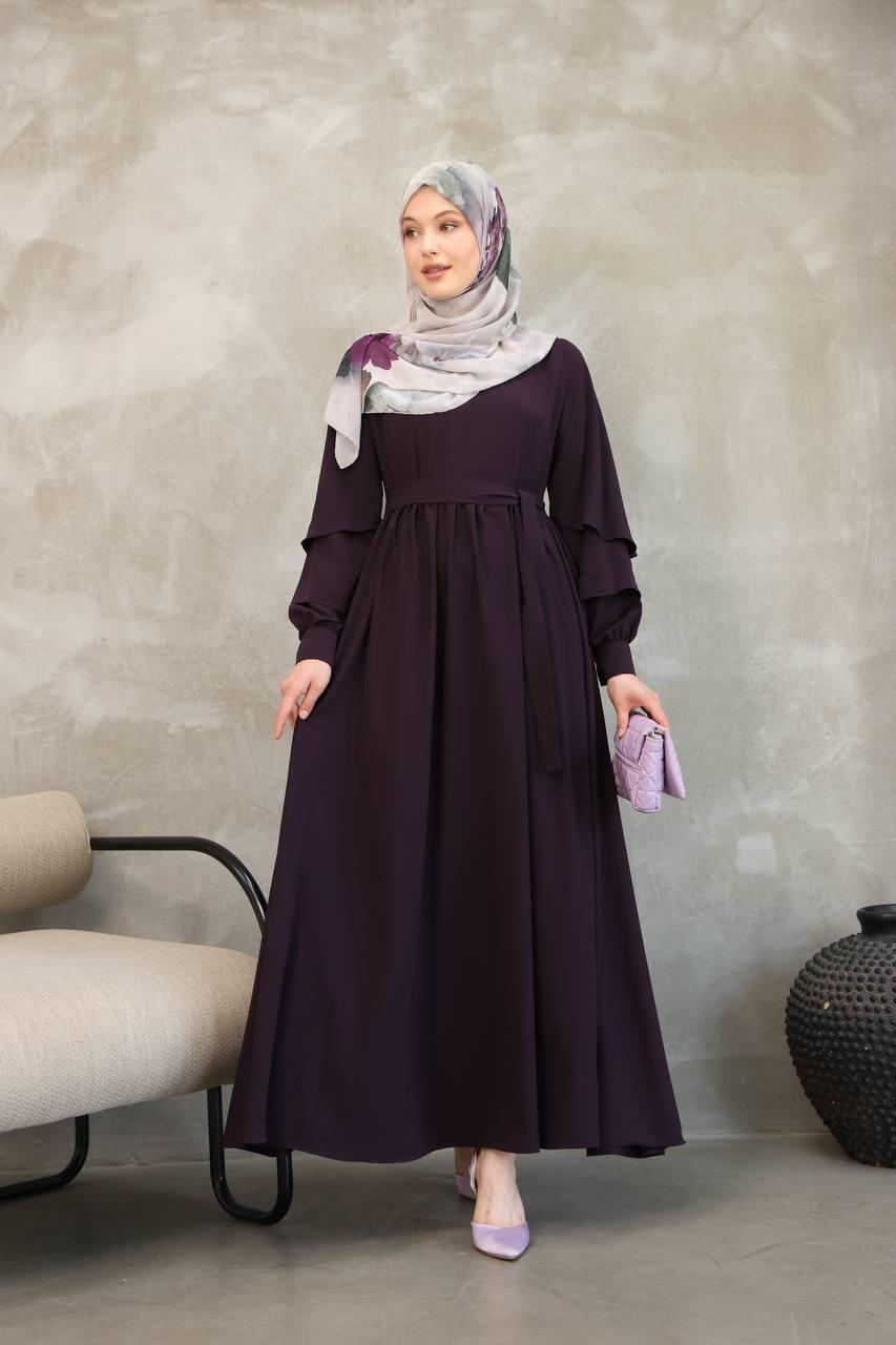 7047 Katlı Kollu Elbise - Mürdüm