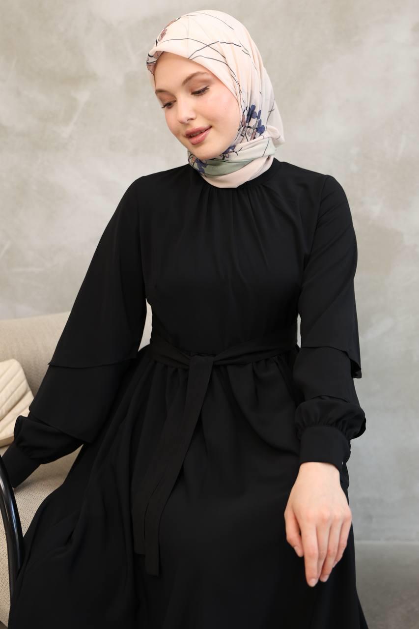 7047 Katlı Kollu Elbise - Siyah