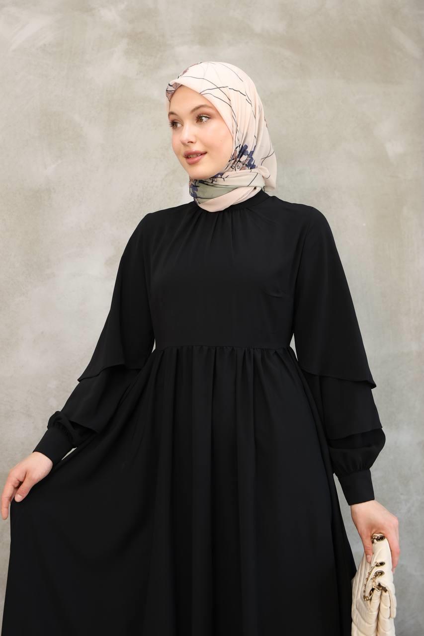 7047 Katlı Kollu Elbise - Siyah