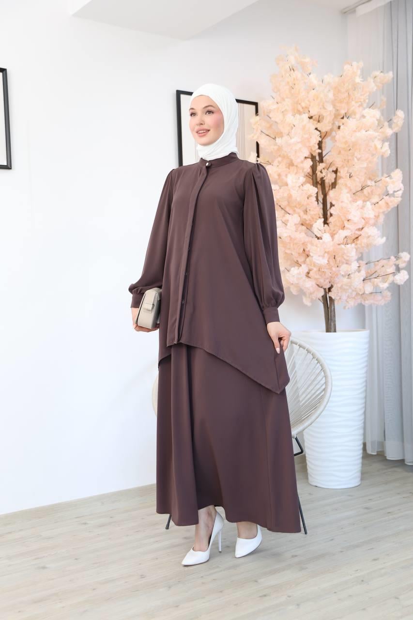 7049 Etekli Tunik Takım - Kahve