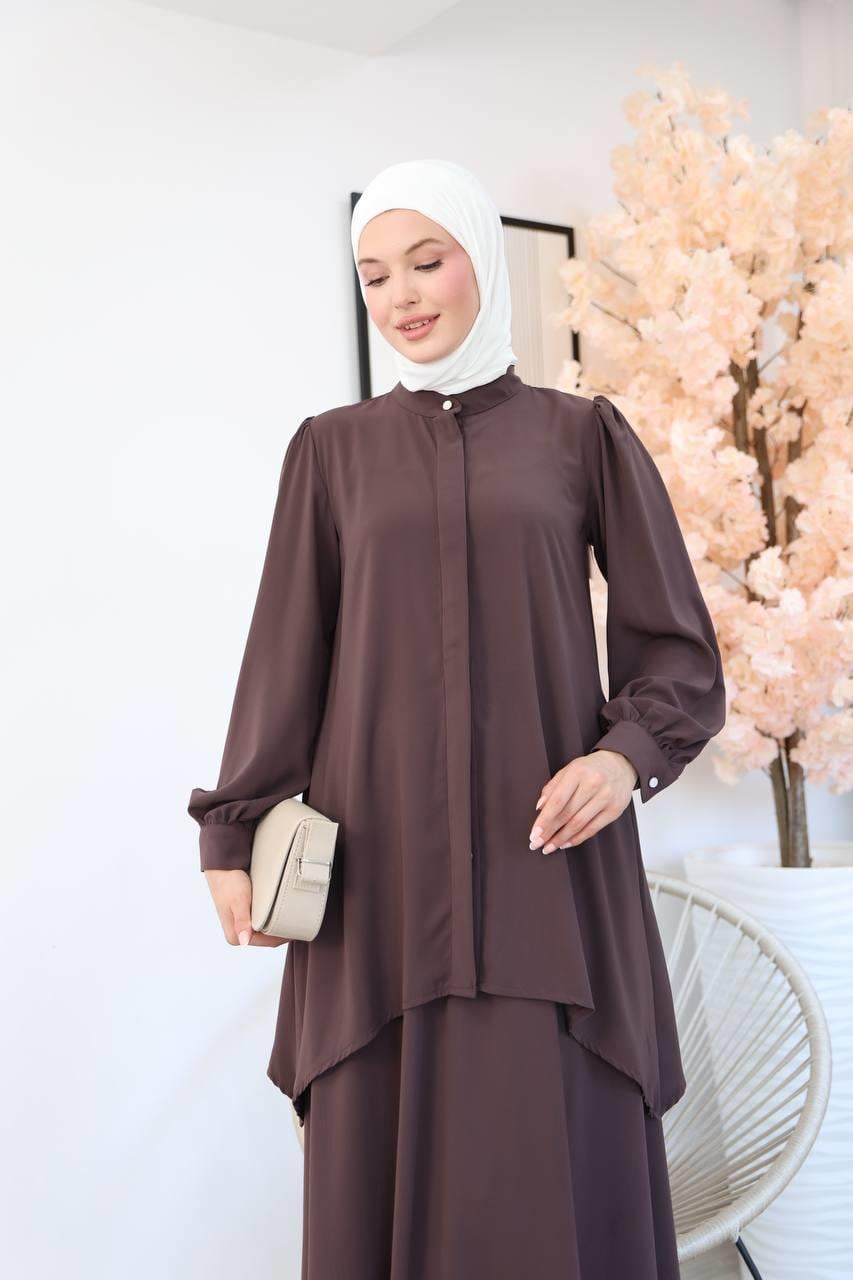7049 Etekli Tunik Takım - Kahve