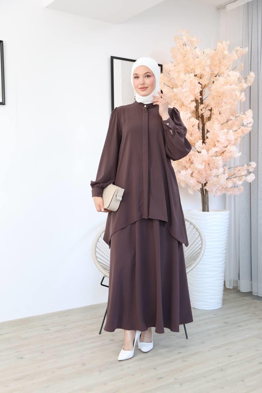 7049 Etekli Tunik Takım - Kahve