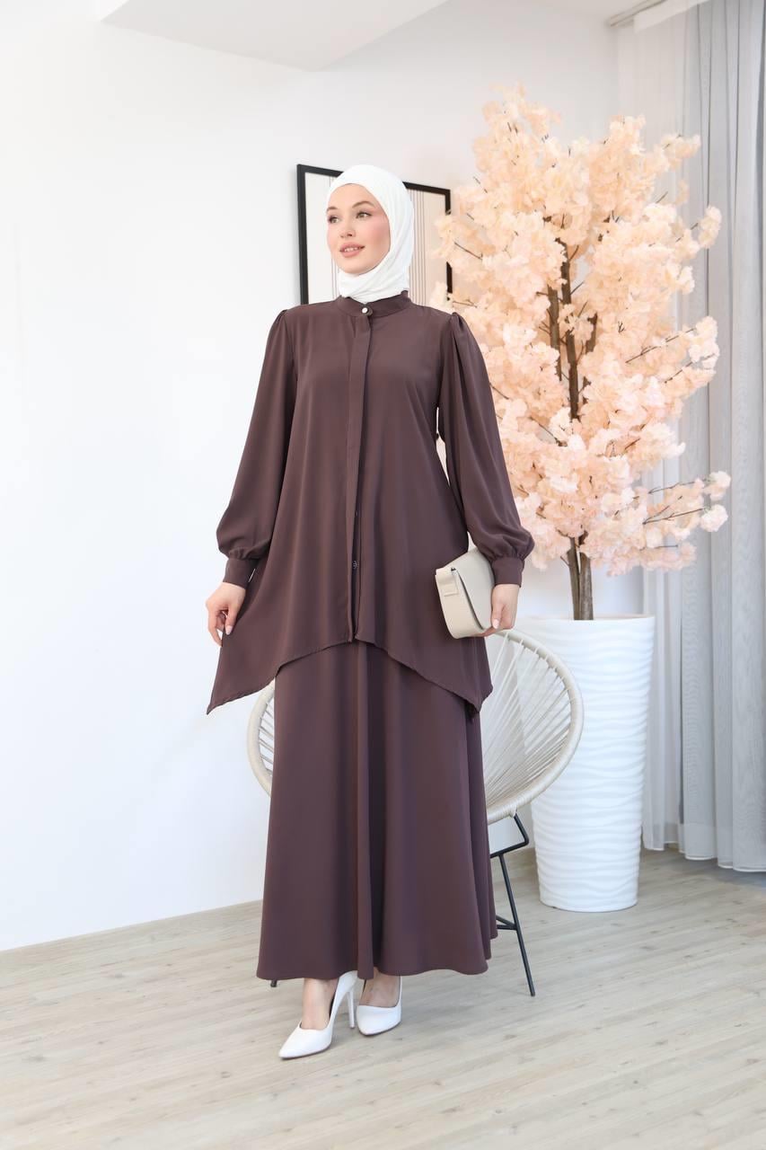 7049 Etekli Tunik Takım - Kahve