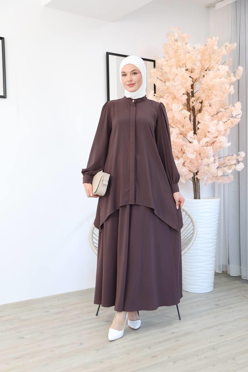 7049 Etekli Tunik Takım - Kahve