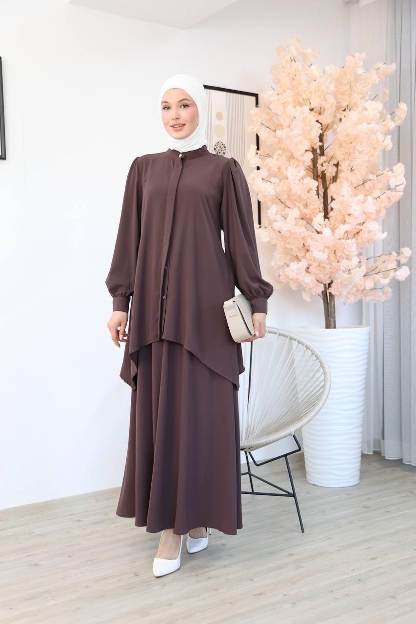 7049 Etekli Tunik Takım - Kahve