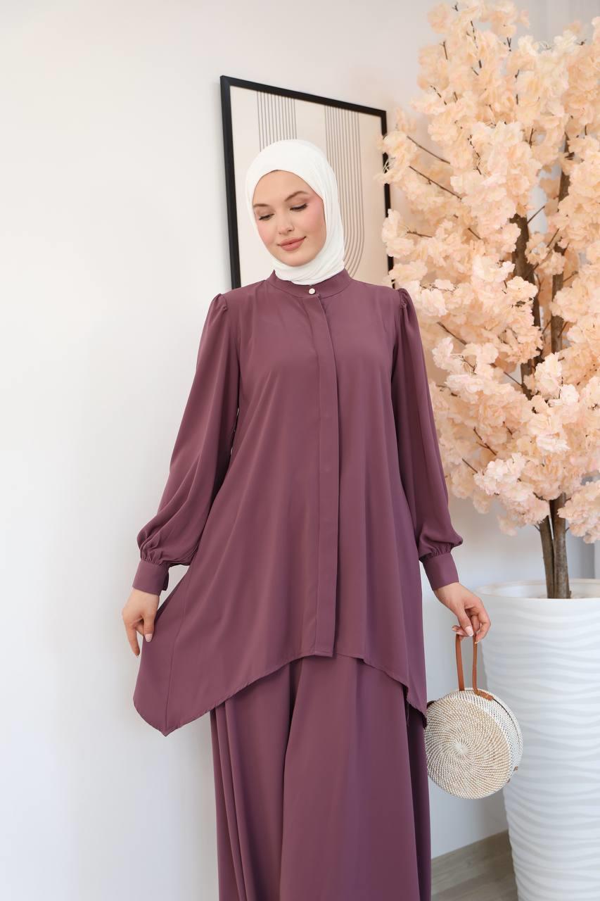 7049 Etekli Tunik Takım - Mor