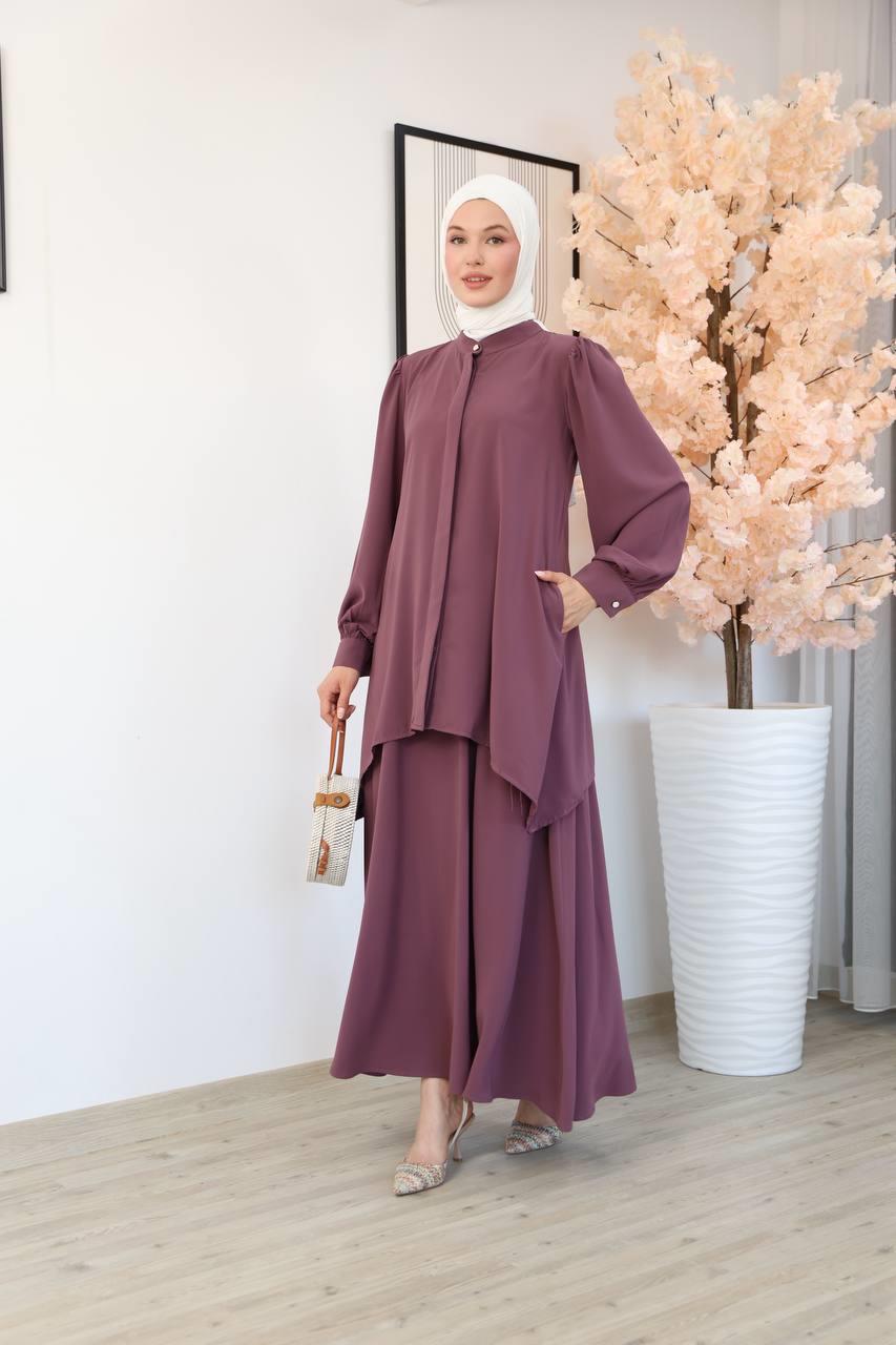 7049 Etekli Tunik Takım - Mor