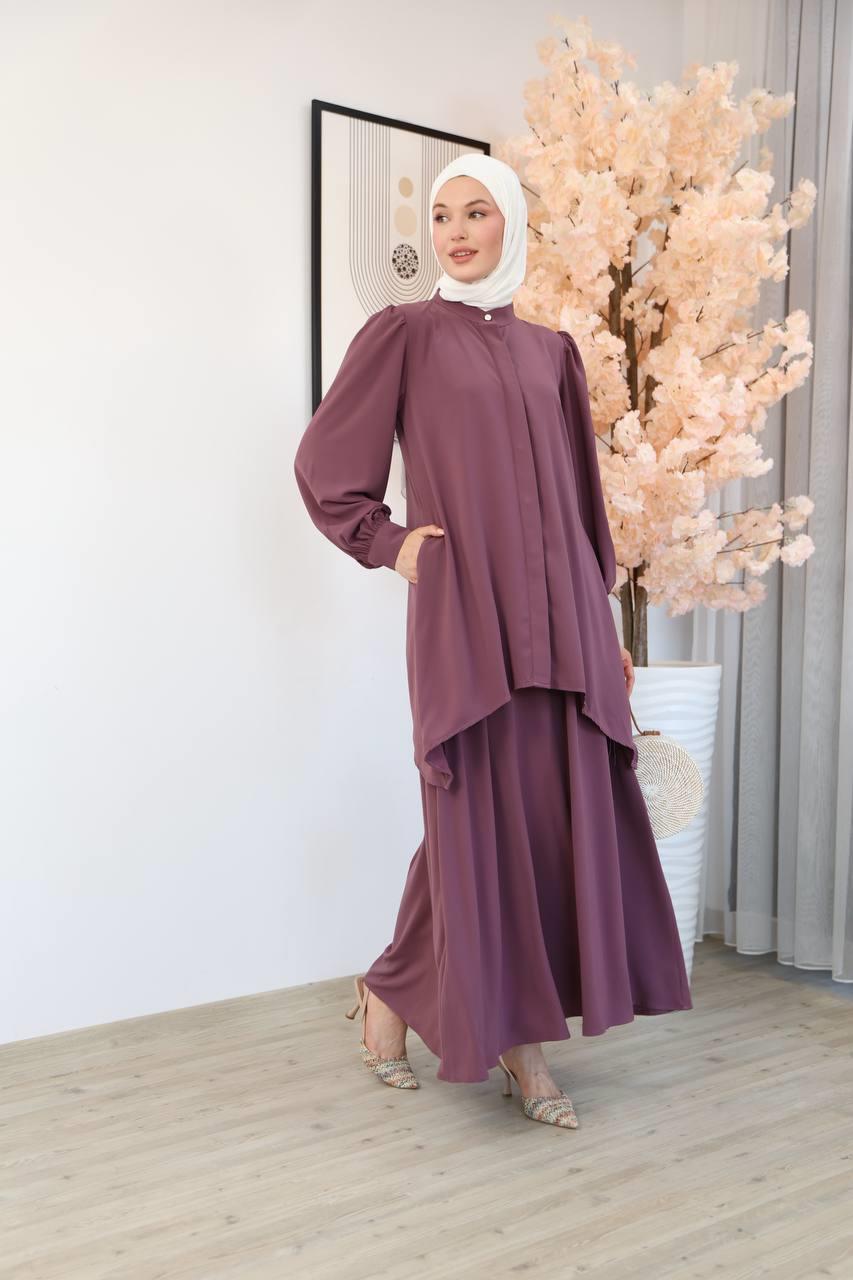 7049 Etekli Tunik Takım - Mor