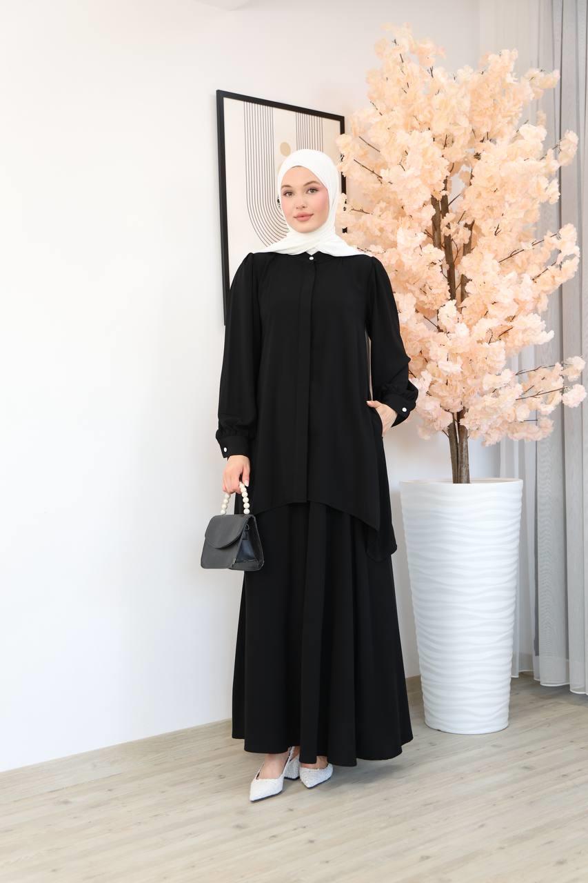 7049 Etekli Tunik Takım - Siyah