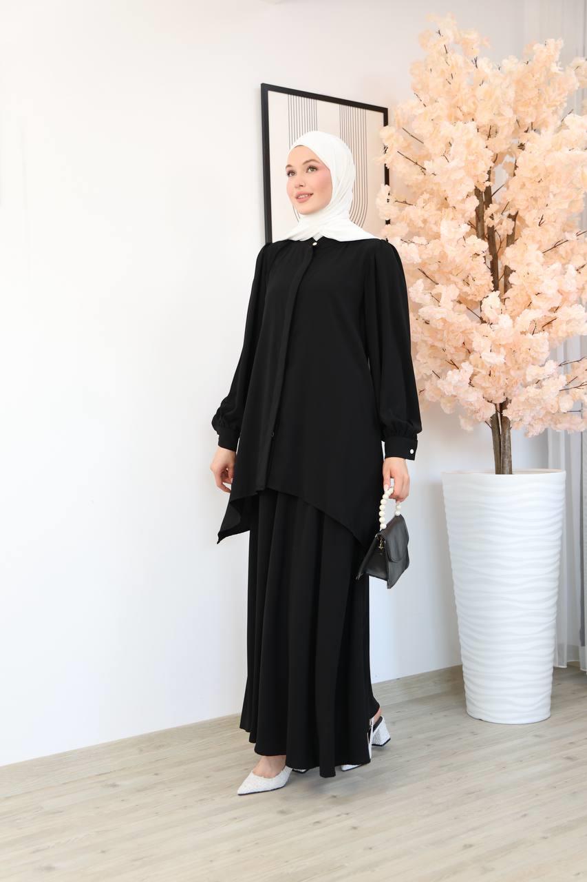 7049 Etekli Tunik Takım - Siyah