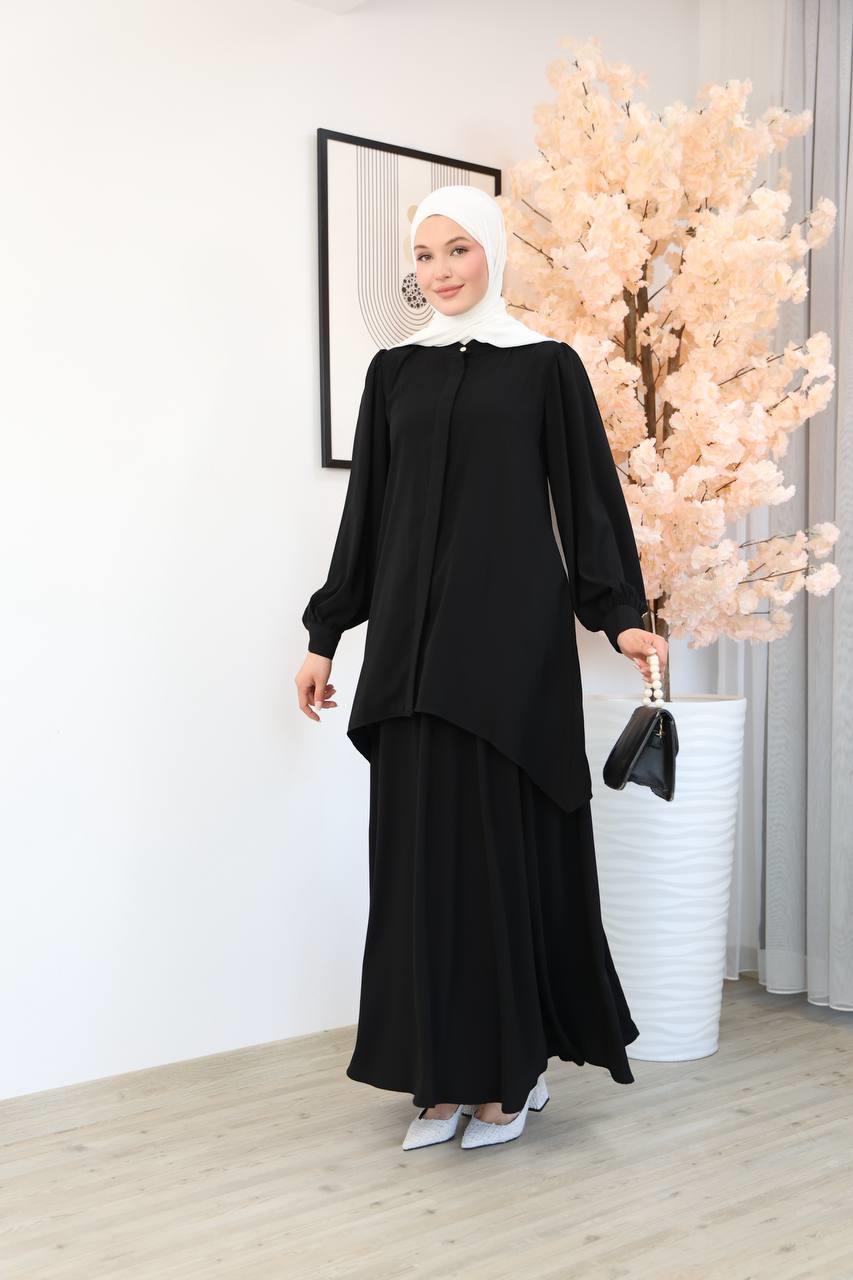 7049 Etekli Tunik Takım - Siyah
