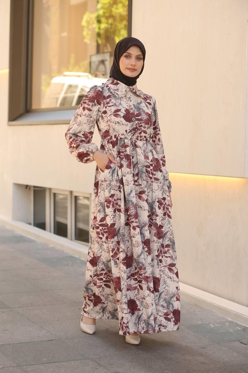 7053 Desenli Elbise - Bordo