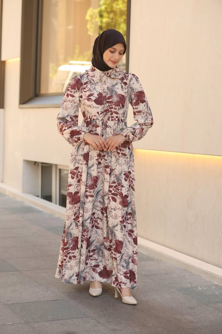 7053 Desenli Elbise - Bordo