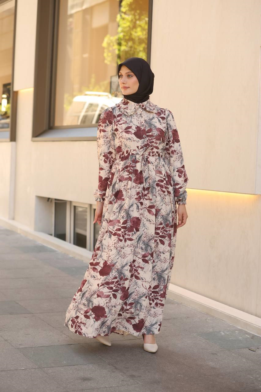 7053 Desenli Elbise - Bordo