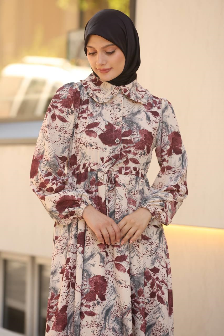 7053 Desenli Elbise - Bordo