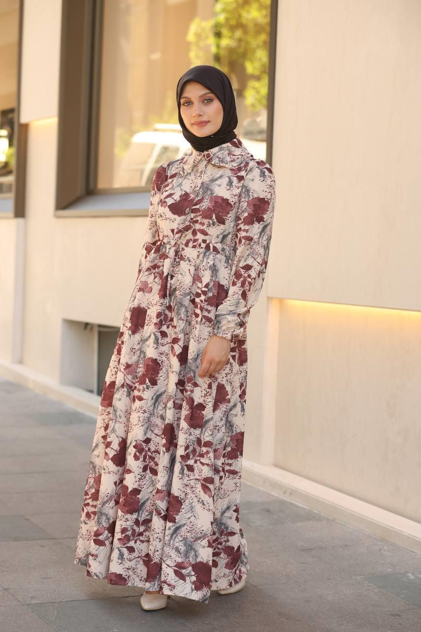 7053 Desenli Elbise - Bordo