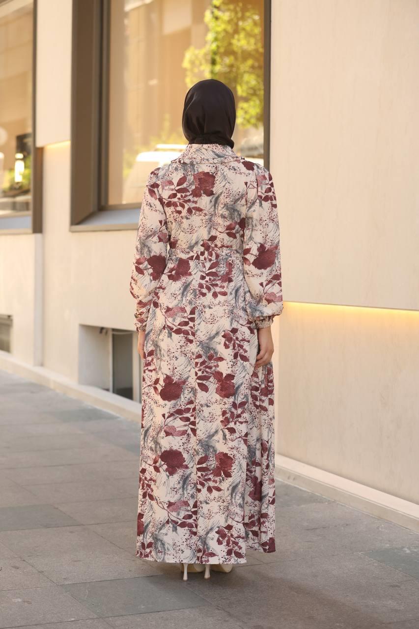 7053 Desenli Elbise - Bordo
