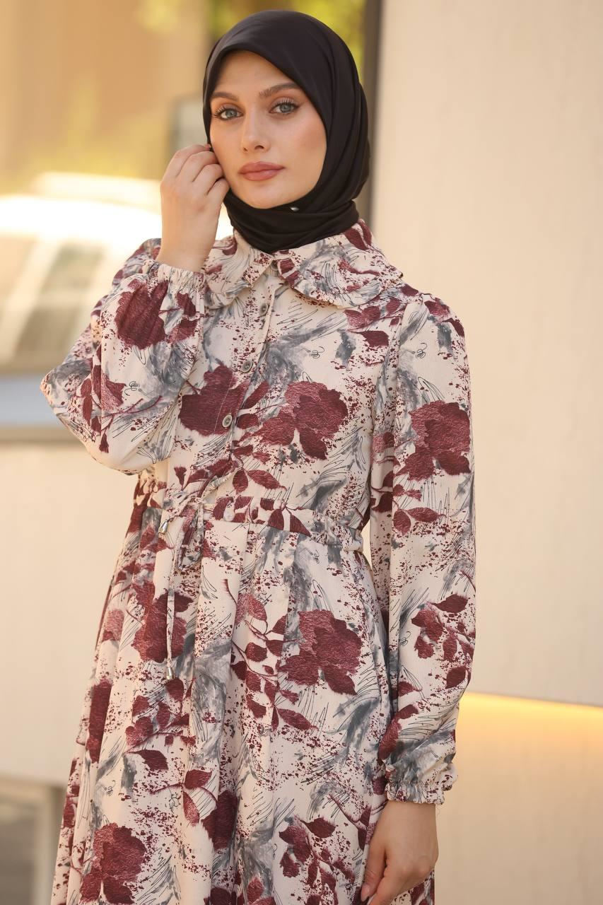 7053 Desenli Elbise - Bordo