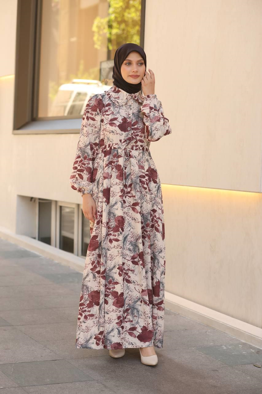 7053 Desenli Elbise - Bordo