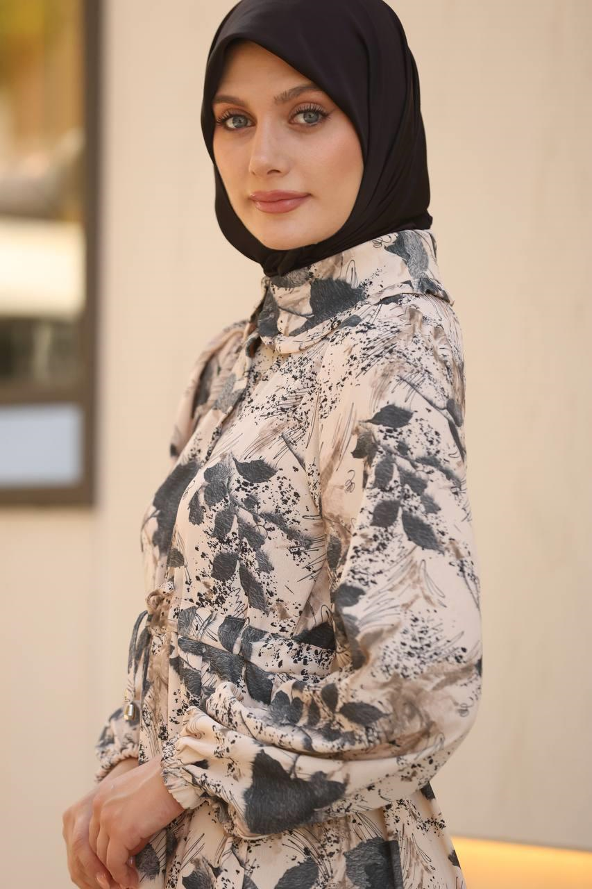 7053 Desenli Elbise - Gri