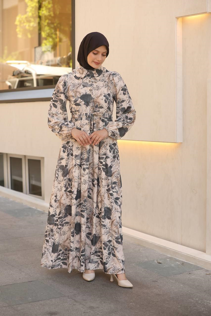 7053 Desenli Elbise - Gri