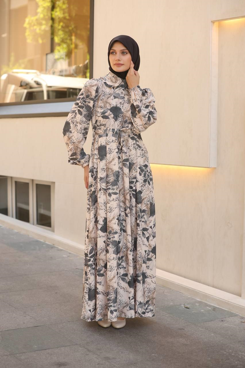 7053 Desenli Elbise - Gri