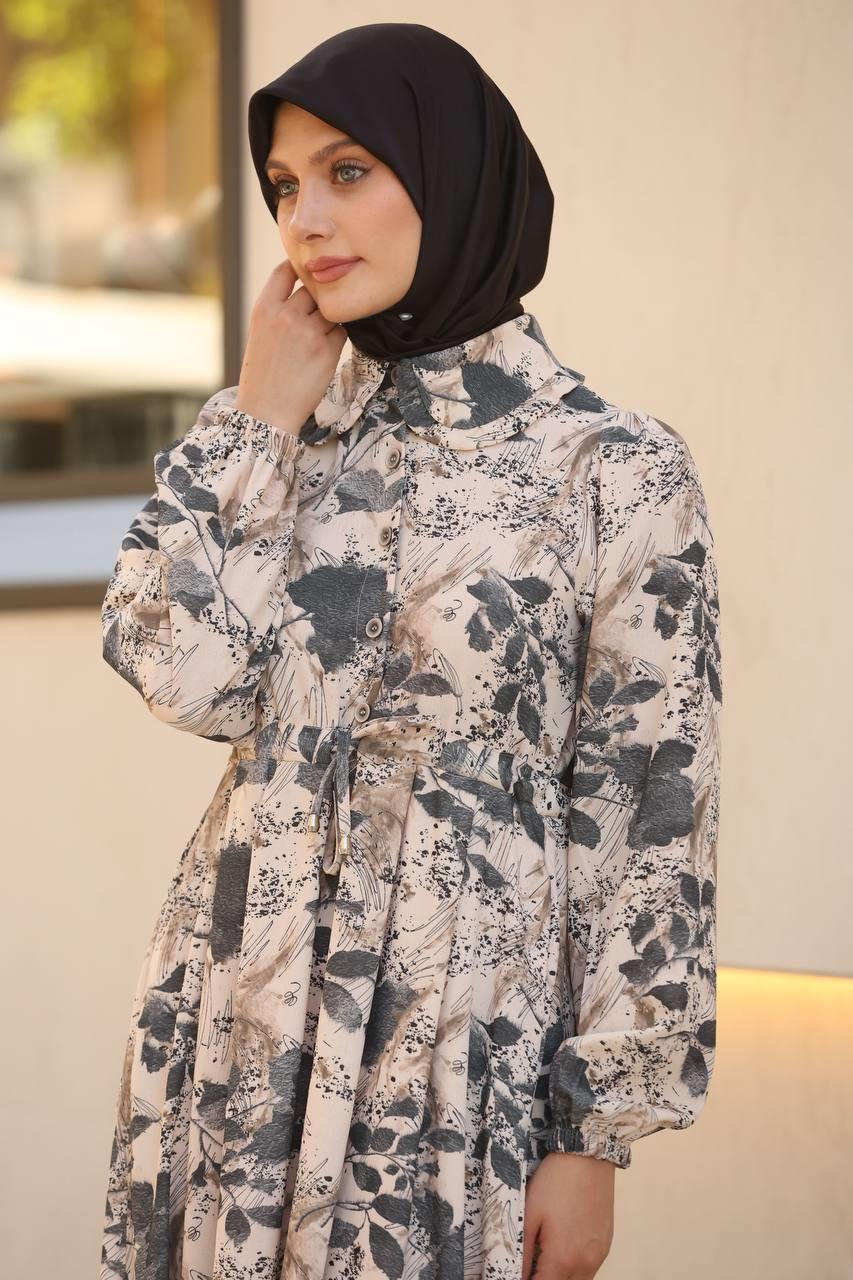 7053 Desenli Elbise - Gri