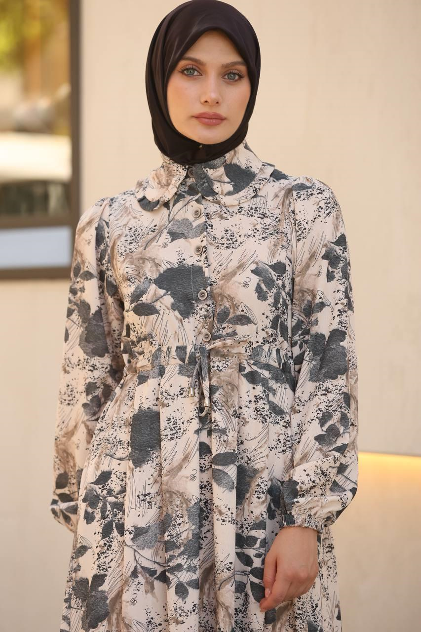 7053 Desenli Elbise - Gri