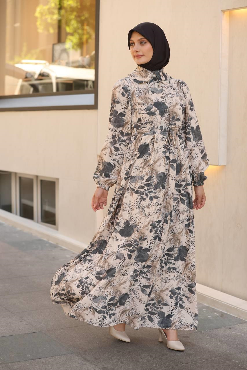 7053 Desenli Elbise - Gri